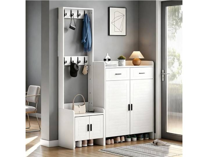 Vestiaire D Entree Blanc Chaussures Meuble De Hall Moderne FloraGrace Pour Entree Et Couloir 10 Rangements 125x32x165cm