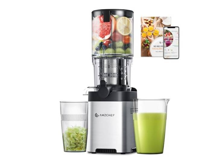 AMZCHEF Entsafter mit zwei Schnecken für automatische Zuführung und Mastikation für freie Hände - Slow Juicer mit 126MM Öffnung und 2 Liter Kapazität für ganze Gemüse und Obst - Silber