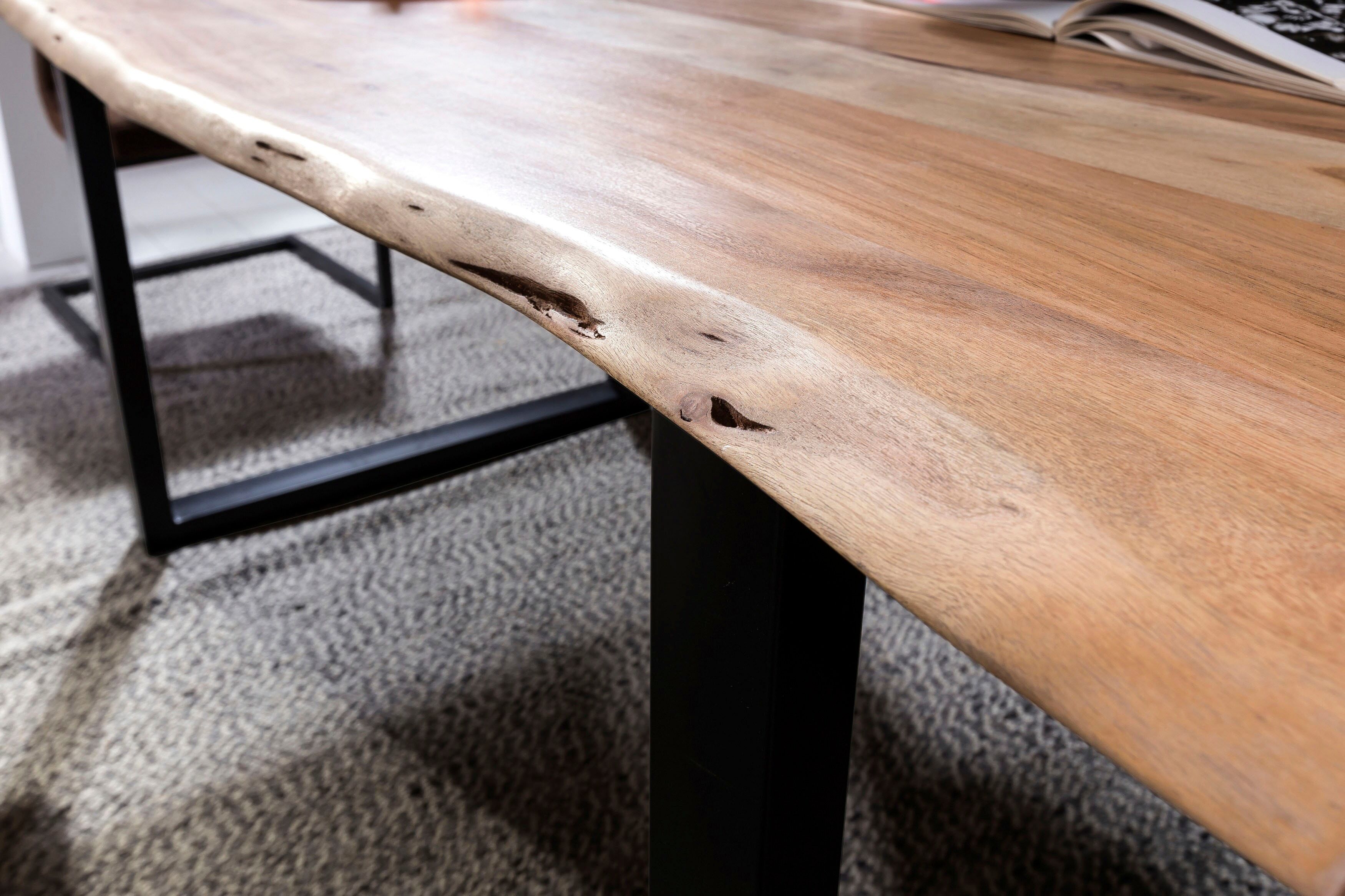 Baumkantentisch SIT "Bursa Akazie Massivholz Esstisch mit Stahl-Kufengestell", braun (natur, antikschwarz, antikschwarz, natur), B:200cm H:78cm T:100cm, Platte Akazie, Gestell Stahl, Tische, Baumkantentisch, Massive Akazie in Naturfarben mit Baumkante & U