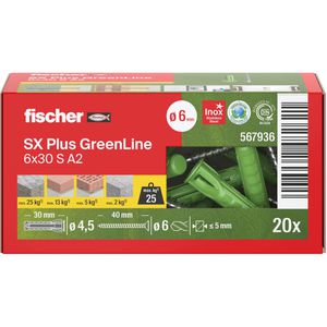 Fischer Schrauben-Dübel-Set 567936, SX Plus GreenLine, 6x30mm Universaldübel & Edelstahlschrauben, 40-teilig