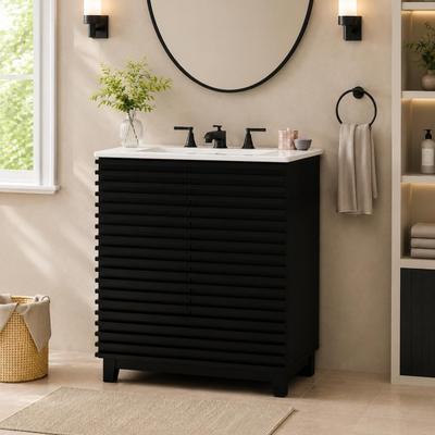 GREATPLANINC 30 Inch Fluted Doors Bathroom Vanity with Ceramic Sink