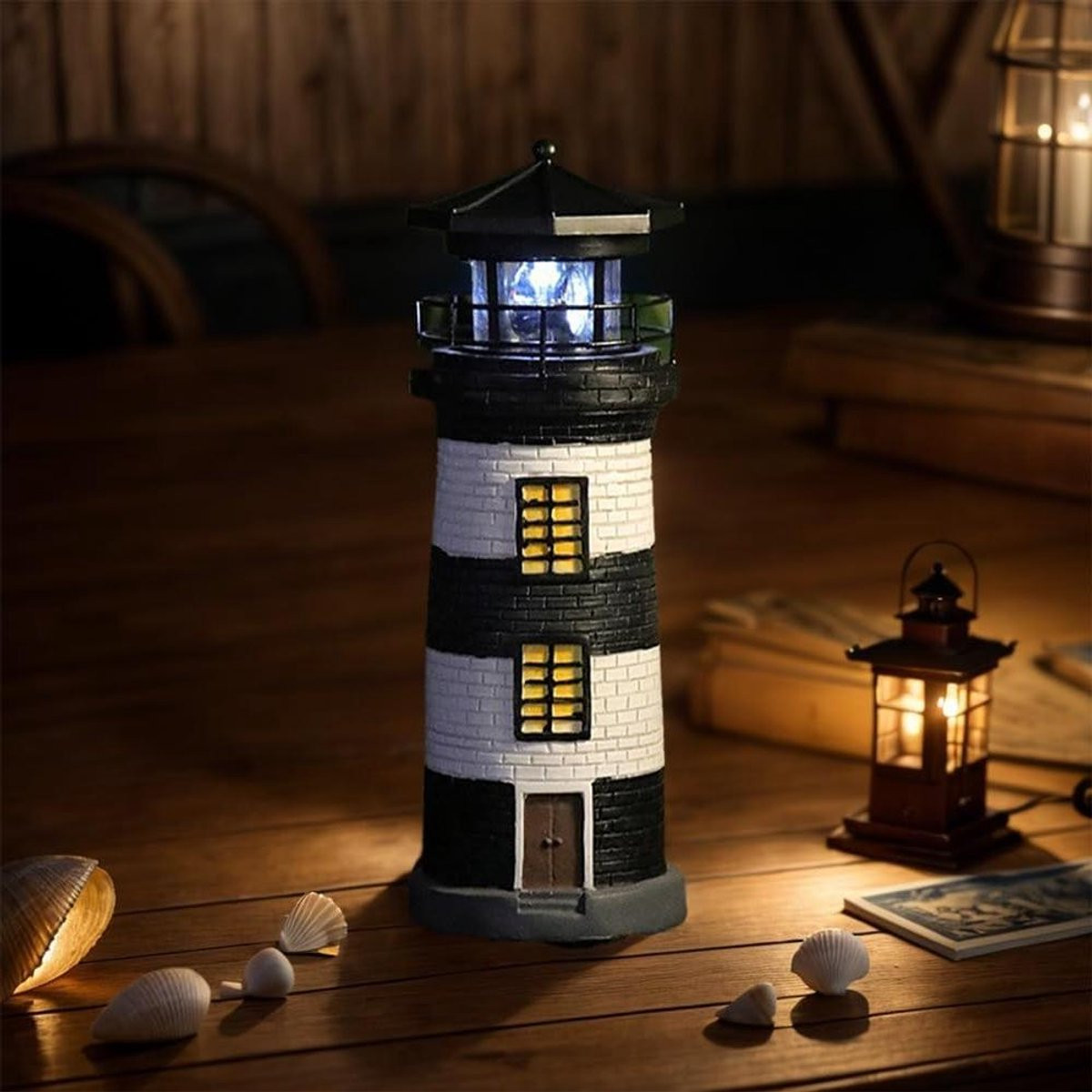 Decoratieve Vuurtoren Lantaarn Ornament met Roterende Lichtfunctie - Zwart - Hoogte: 28 cm