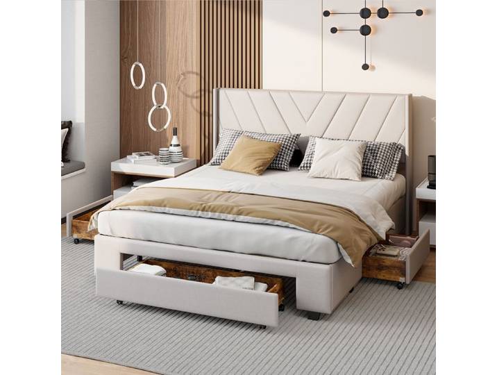 Lit rembourré - LUMINARIX - 140x190 cm - Beige - 3 tiroirs - Sommier inclus
