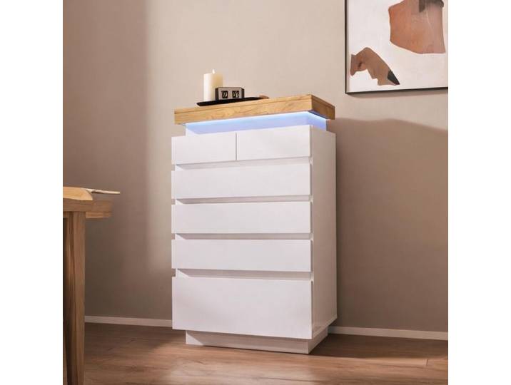 Commode 6 tiroirs blanc brillant 115x73x39 cm - Design contemporain avec LED app-contrôlée