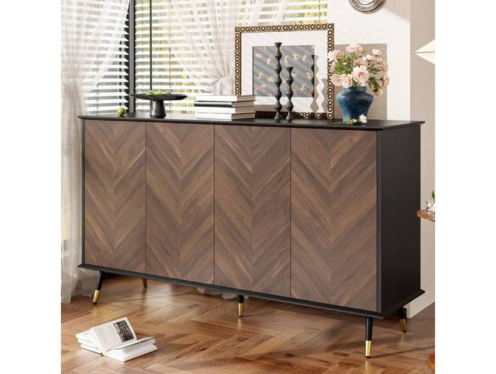 Buffet moderne 140x38x90cm - Avec 4 portes - Étagères réglables - Pieds en métal - MDF - Noir+marron