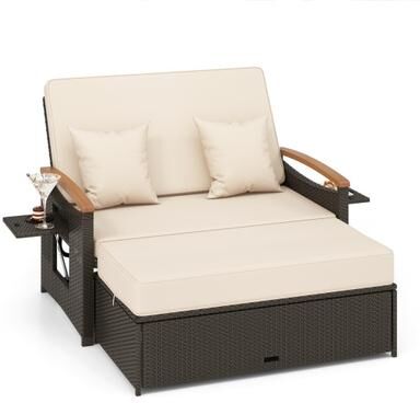 Costway Outdoor Wicker Daybed with Folding Panels and Storage Ottoman-Beige