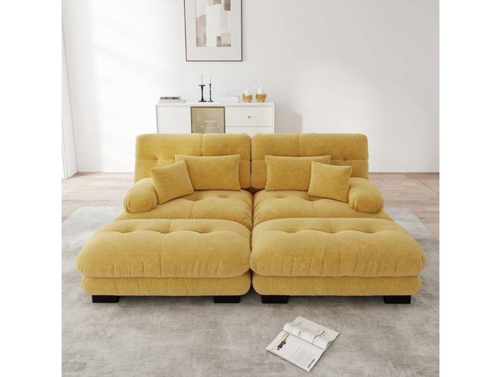 Canapé cloud jaune convertible velours côtelé 2 poufs coussins inclus salon moderne
