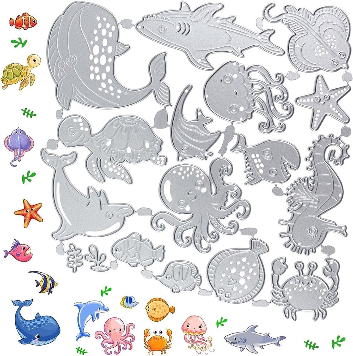 Set van 16 metalen stempelsjablonen met zeedieren voor scrapbooking en creatieve decoratie