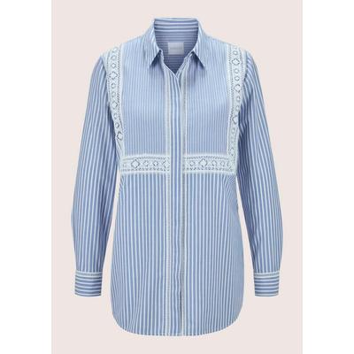 Langarmbluse MADELEINE "Streifenbluse Streifenbluse mit Spitze", Damen, Gr. 34, weiß (wollweiß, rauchblau), Obermaterial: 100% Baumwolle CO., Modern, normal, Blusen