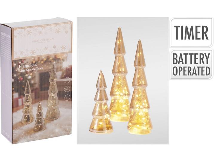 3er-Set LED-Tannenbäume MERRY silber
