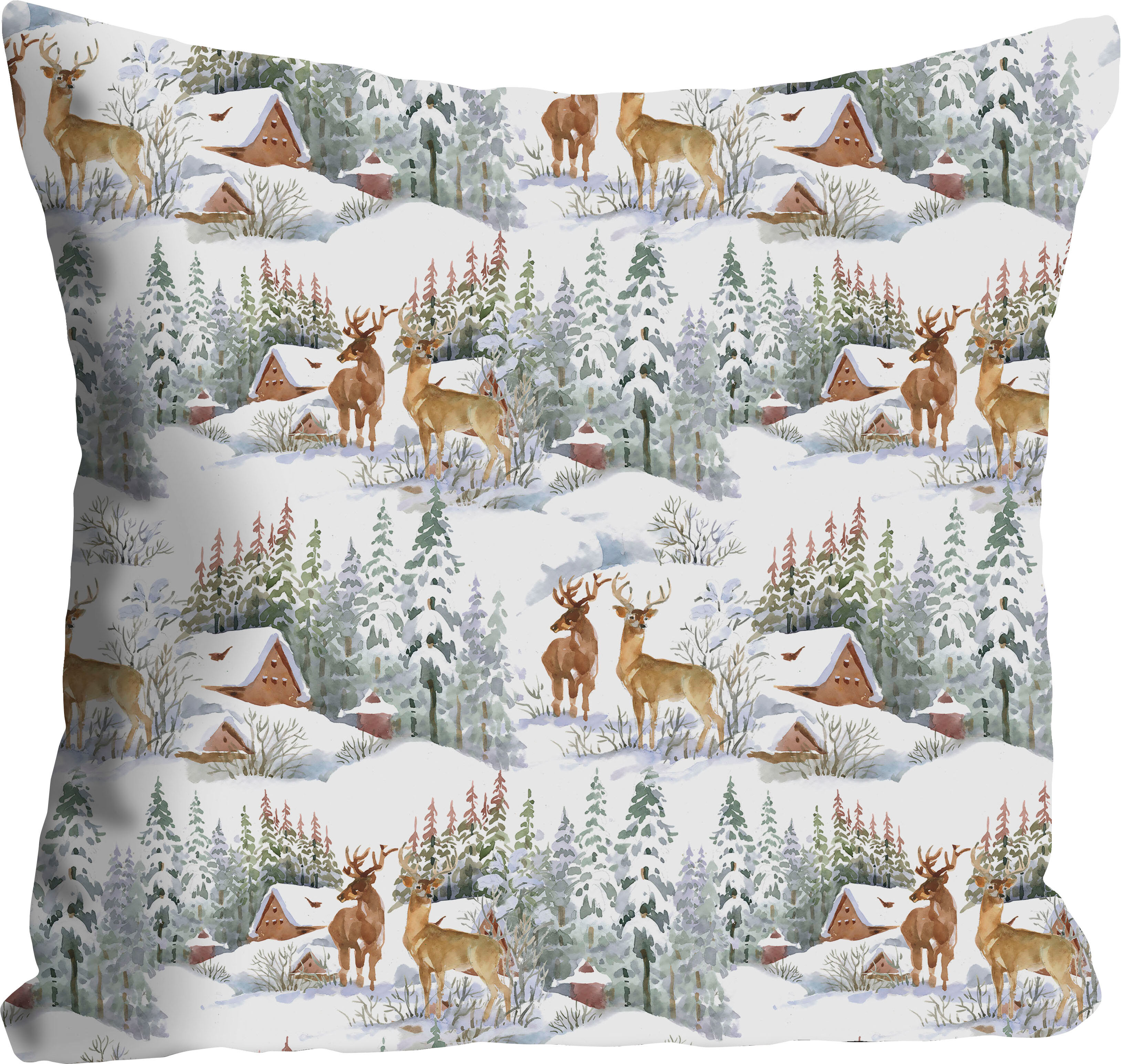 Dekokissen QUEENCE "Fabian", braun (braun, weiß, bedruckt), B:40cm L:40cm, Polyester, Dekokissen_Sitzkissen_Kissenhüllen, Dekokissen, Kissenhülle,Winterlandschaft,Rehe,Schnee,Winterlich,Festlich,Natur
