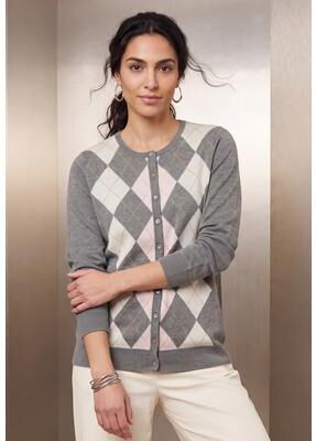 Plus Size Women's Fine Gauge Button-Front Cardigan by Jessica London in Grey Argyle Placement (Size 22/24) Sweater