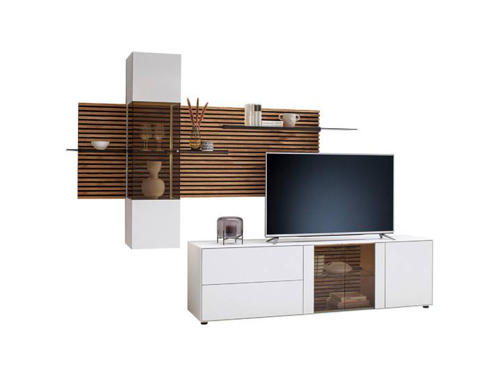 Schöner Wohnen Wohnwand, Weiss, Eichefarben, Holz, Glas, Kerneiche, massiv, 5 Fächer, 1 Schublade(n) Schubladen, 334x215x49 cm, Goldenes M, Dgm, Wohnzimmer, Wohnwand, Komplette Wohnwand