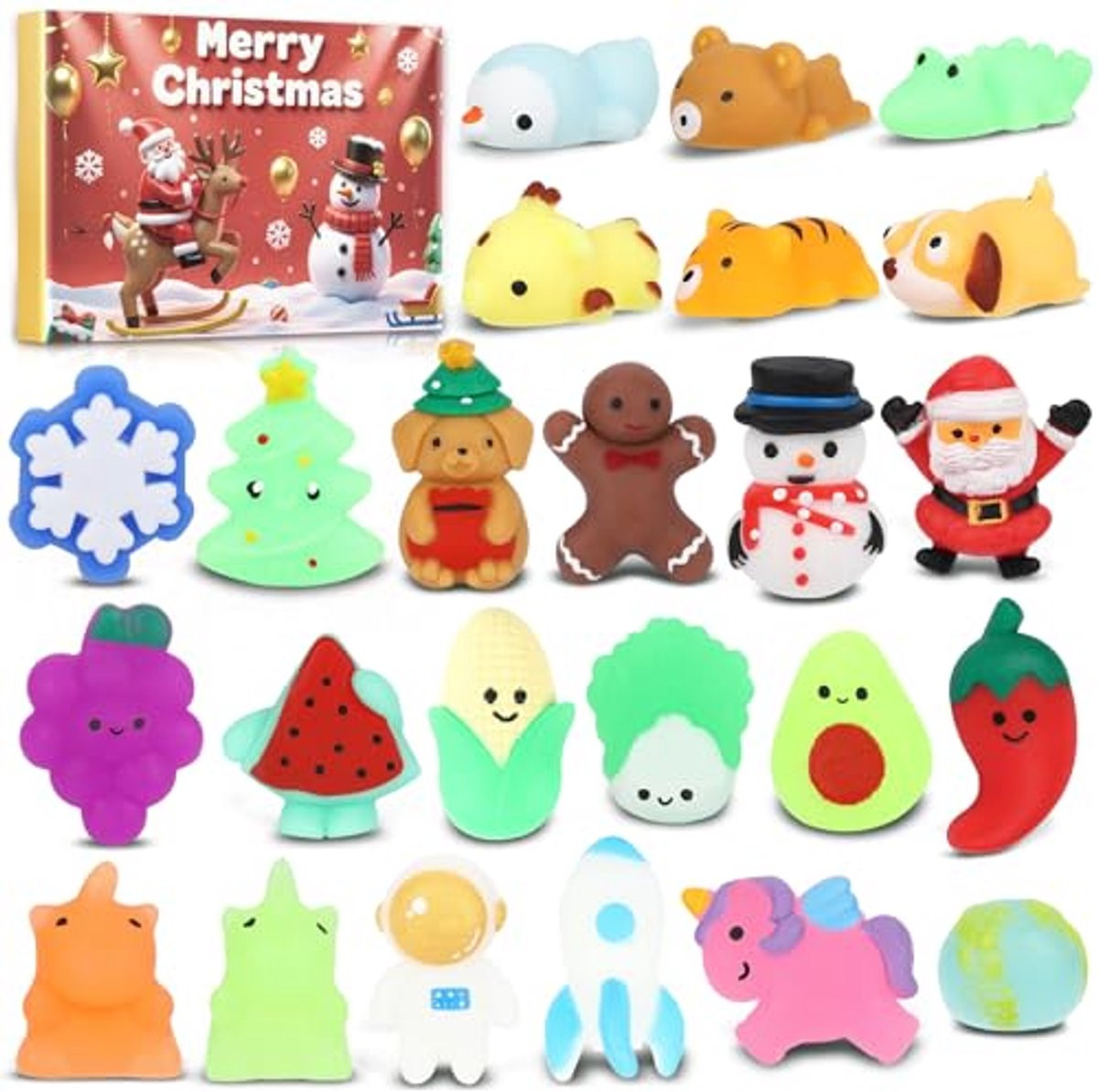 Adventskalender met kleurrijk knijp-dierenspeelgoed voor een vrolijk kerstwachten