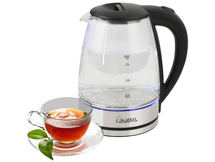Wasserkocher aus Glas und Edelstahl, blaue LED-Beleuchtung, 1,8 l