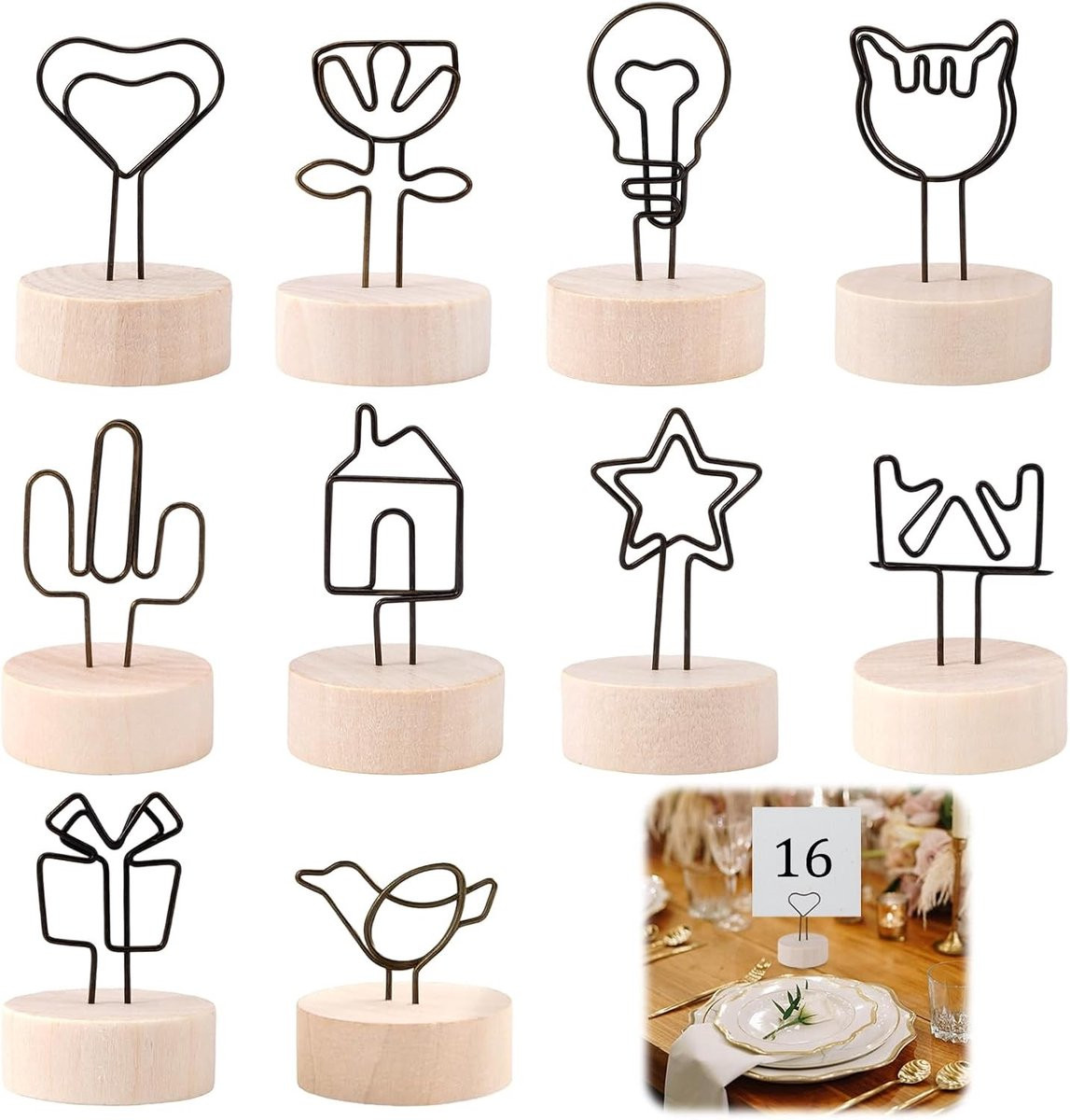 Set van 10 houten fotohouders met klemmen voor tafelnummers en decoratie