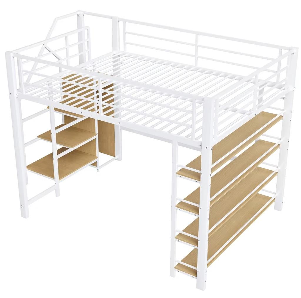 Hochbett für Jugendliche - Metallrahmen - 140 x 200 cm - Sicherheitstreppe - Stauraum - Kleiner Kleiderschrank - Weiß