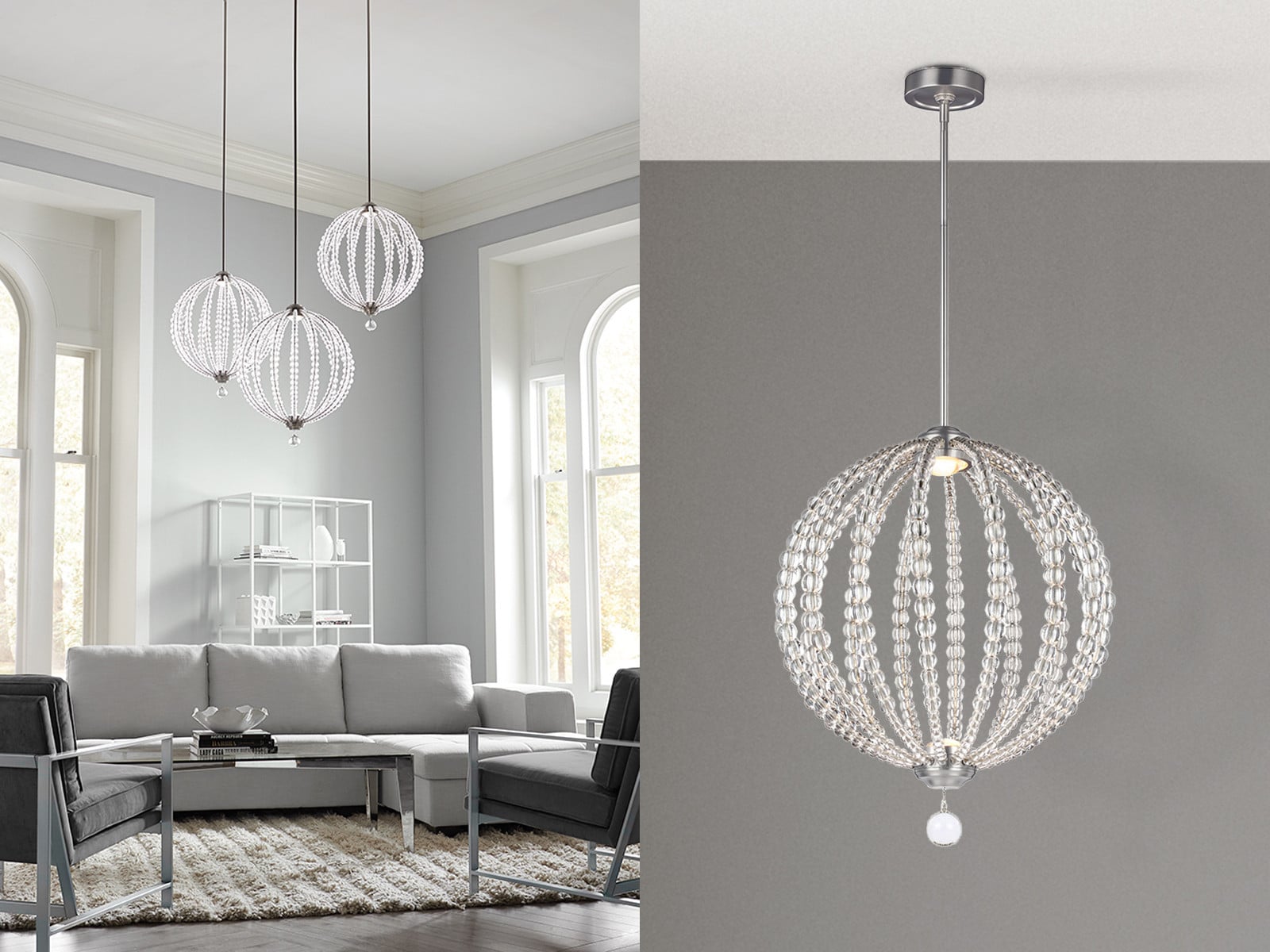 Elstead Lighting Oberlin LED hanglamp, 2-lichts, satijnnikkel, 55 cm