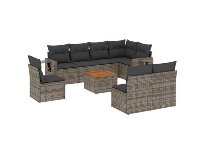 PUGYNBK Gartenmöbel Set 9-teilig Synthetik Rattan Grau Aufbewahrung unter dem Sitz, Beistelltisch, klappbar, modulares Design, Akazienholz