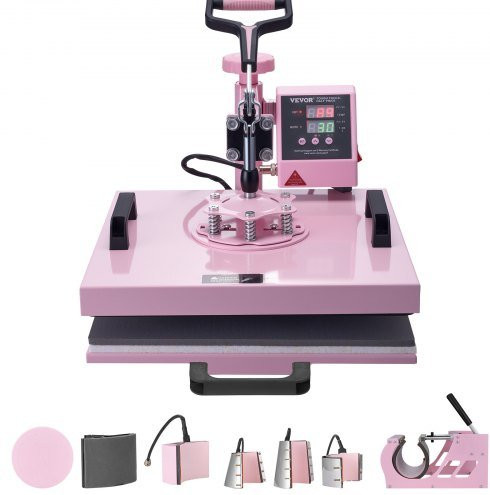 VEVOR 8-in-1 Heat Press Machine met Tumbler Press en 360 graden draaibare T-shirtpers, Digitale Precisiebesturing, Roze