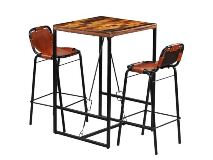 HKPWRBFG Stehtisch-Set 3-TLG. Altholz Ziegenleder Industrie-Design Massivholzplatte, Echter Lederbezug, Robuster Stahlrahmen