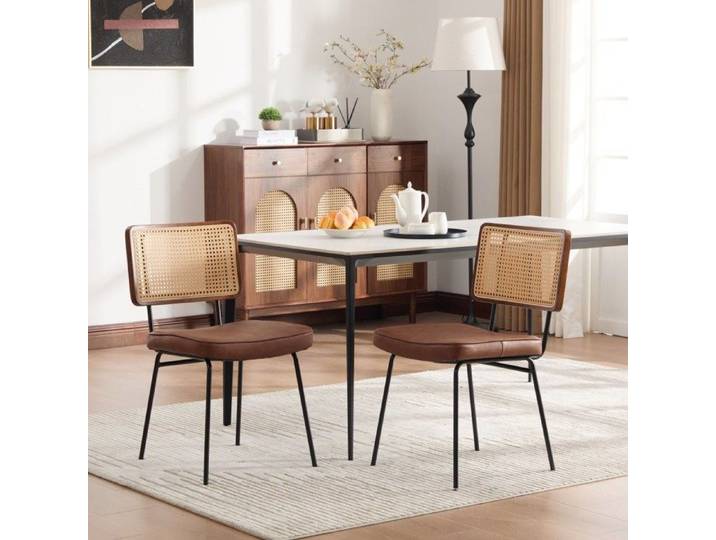 Bladez - Chaise de salle à manger moderne lot de 2 chenille ivoire rotin sans accoudoirs - Marron