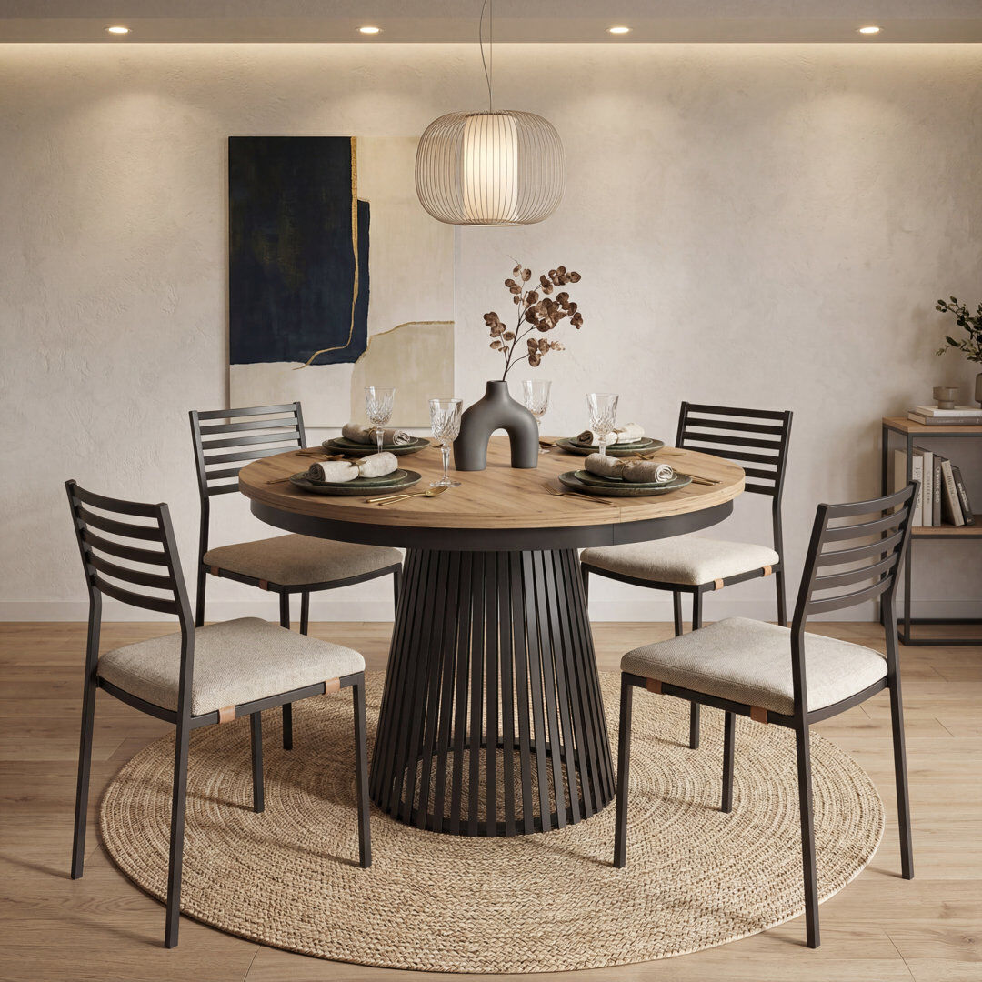 East Urban Home 180 cm Extendable Round and Oval Dining Table Black/Artisan