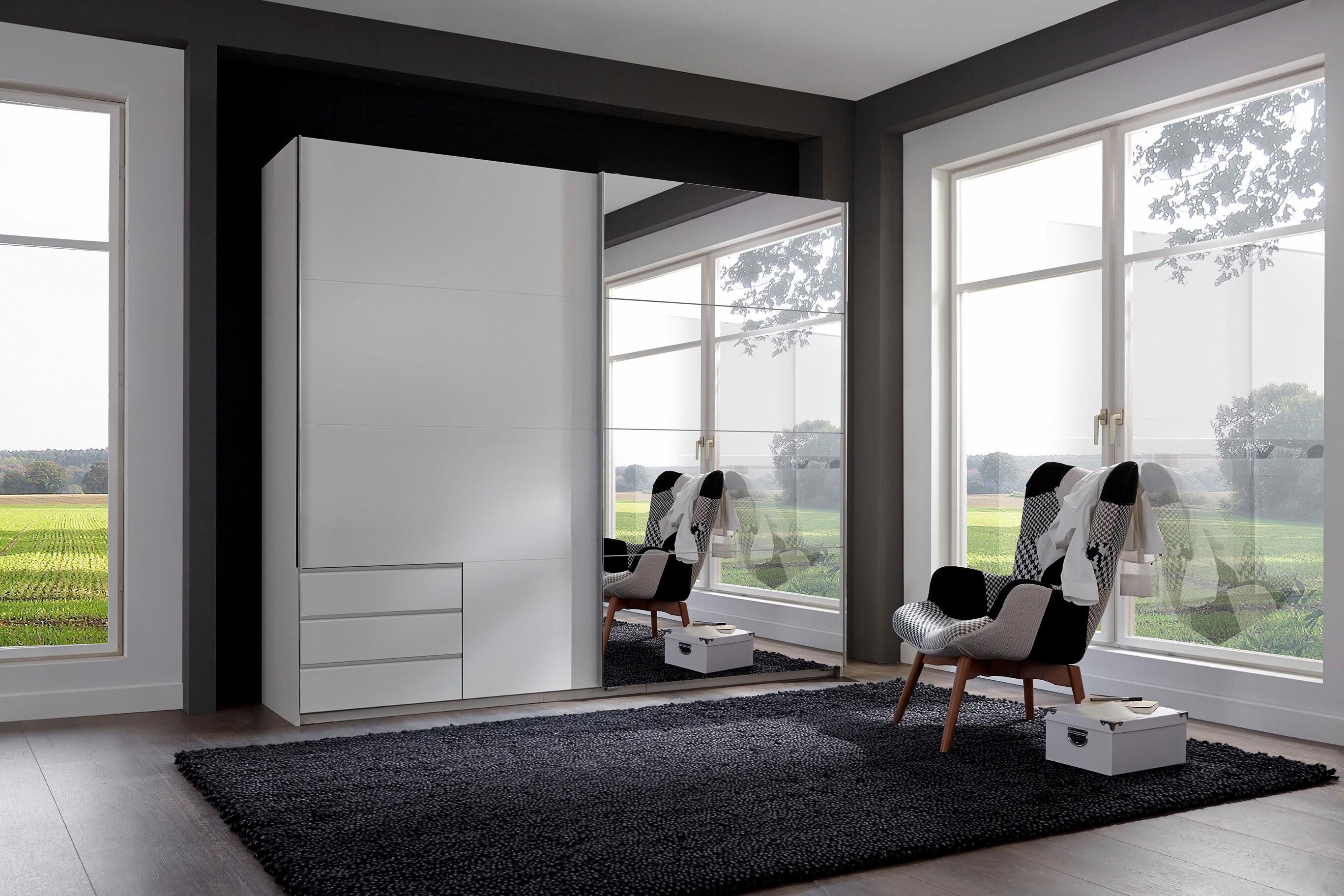 Schwebetürenschrank WIMEX "Seattle", weiss (weiß, spiegel), B:225cm H:208cm T:64cm, Schränke, Schwebetürenschrank, mit Schubladen und Spiegel weiß, spiegel B/H/T: 225cm x 208cm x 64cm, Schubladen: 3 Stk. Türen: 2 Stk.