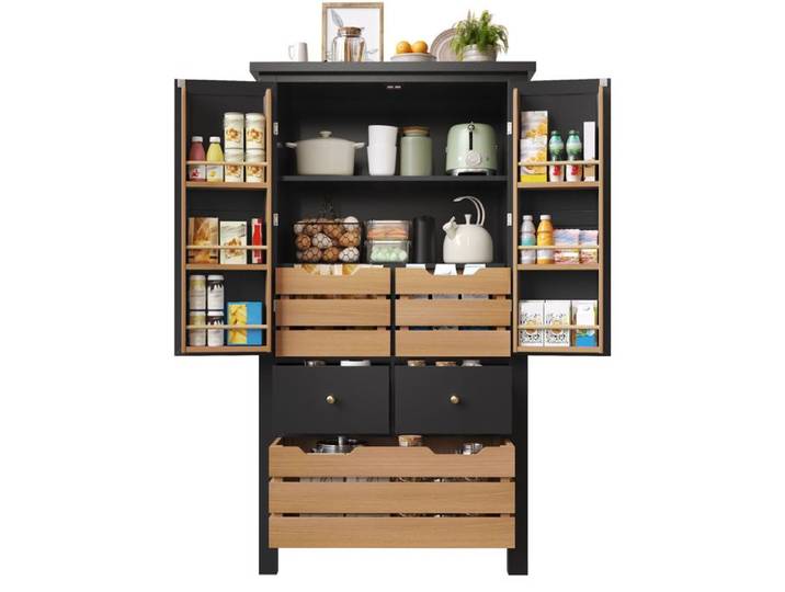 Armoire de cuisine (80x40x140cm) buffet de cuisine haut meuble snack meuble de rangement avec deux portes et cinq tiroirs noir