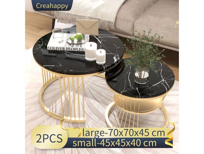Creahappy Ensemble de table basse noire – Ensemble de table basse contemporaine avec base ouverte et design sur table circulaire