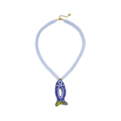 Kette mit Anhänger ADELIA´S "Halskette mit Keramikperlen und Fischanhänger, 41 cm + 5 cm", blau, Halsketten, Damen, Keramik, Trendiger Modeschmuck mit markantem Fischanhänger
