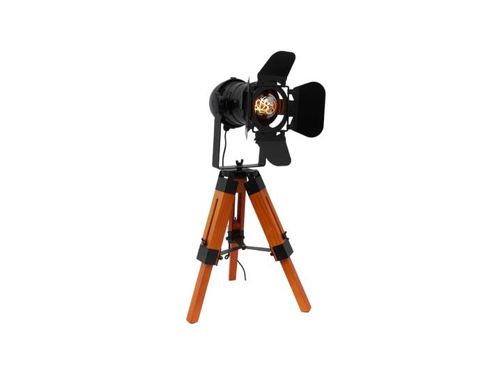 Lampe de table trépied style cinéma en bois et métal noir H. 62 cm