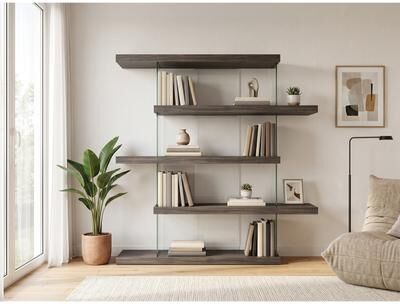 Davee Furniture Modern Asymmetrical 5-Tier Display Bookcase with Glass Supports - 58.28'' x 57.09'' x 12.8''