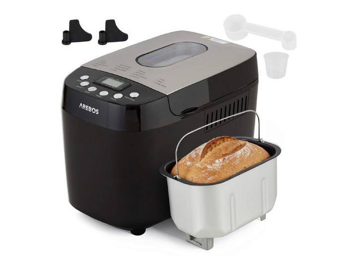 Arebos Brotbackautomat, mit 15 Programmen, 2 Knethaken, Timer, LCD Display, 15 Programme, 850 W, 3 Brotgrößen (1000/1250/1500 g)