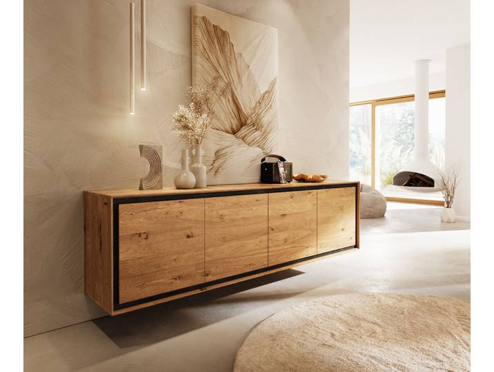 Sideboard Stonegrace 200 cm Eiche Natur 4 Türen Steinfurnier Schwebend, Sideboards