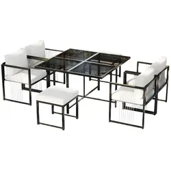 STILVORA Outdoor-Tisch- und Stuhlset Metall/Glas Schwarz-Weiß 117x117 cm, 7-teilig