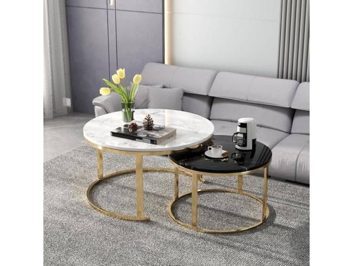 Couchtisch Satztische 2er Set, 80cm Runde und Marmor Muster Holztische mit Metallrahmen Basis, 80x80x45cm+60x60x38cm Stapeln von Nesting Tischen für Wohnzimmer Schlafzimmer Büro (Weiß+Schwarz SQ1)