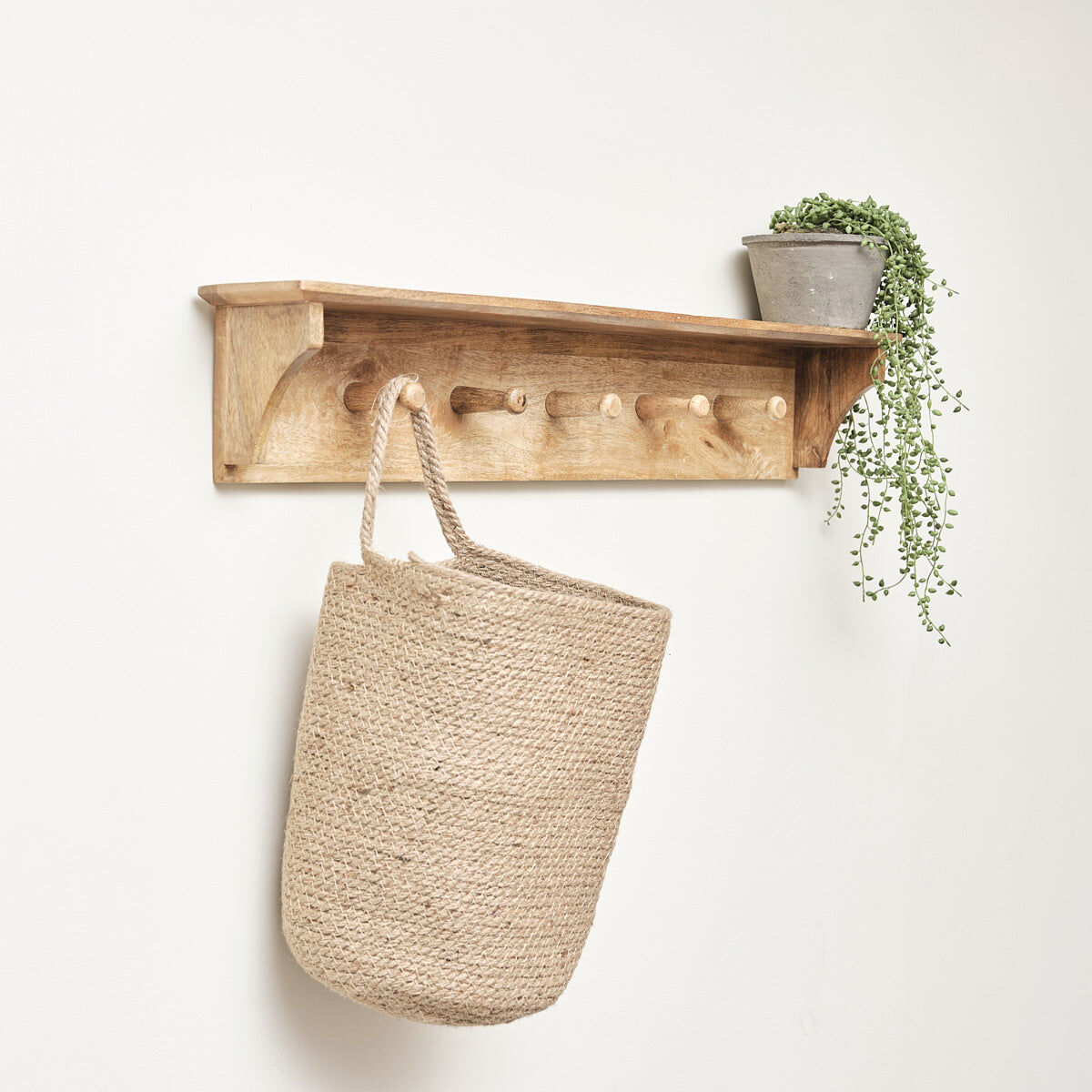 Mango Wood Wall Shelf with Hooks Mango Wood