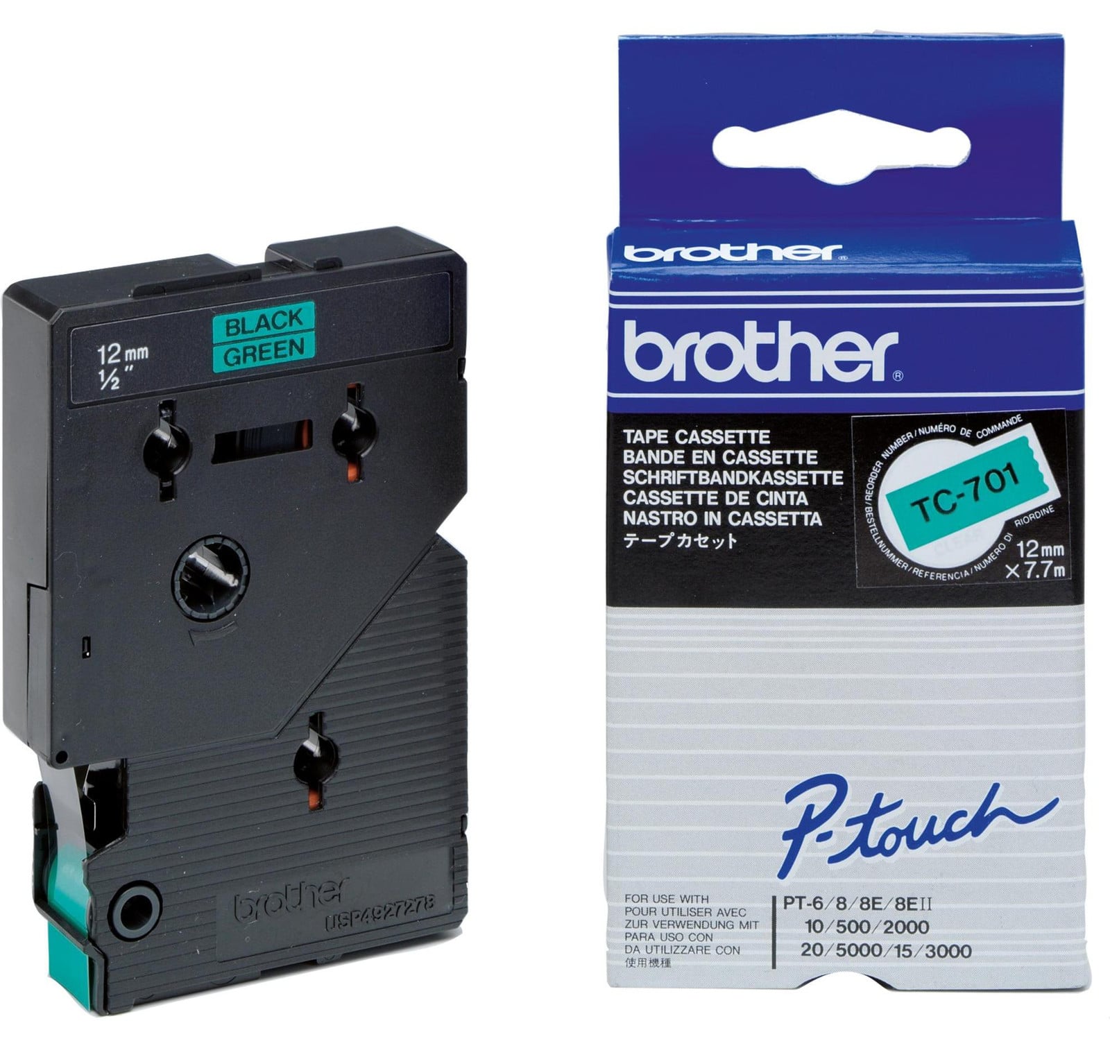 Brother TC-701 inktlintcassette voor TC-Tape, 12 mm, zwart/groen