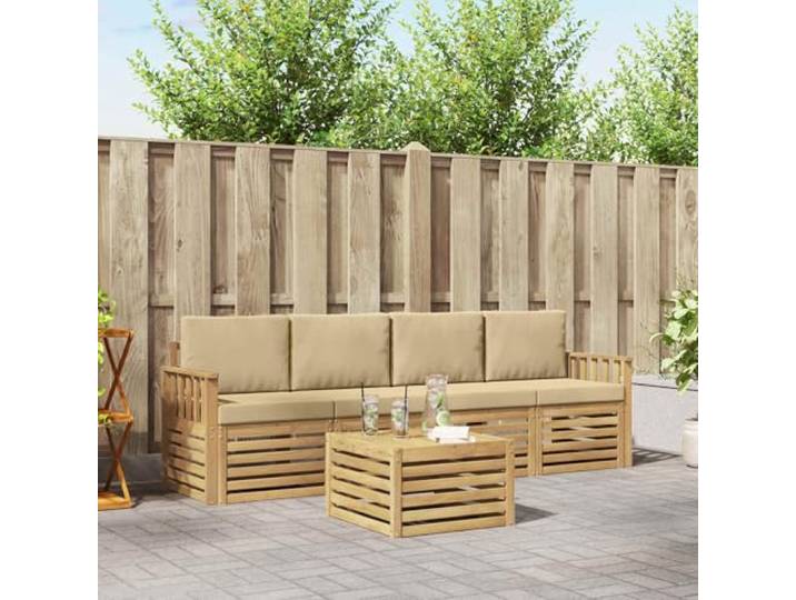 KFPOERTFGD Sofagarnitur, Gartenmoebel aus Akazienholz, 5 Teile, Weiß/Beige Modulares Design, Witterungsbestaendige Oberflaeche, Inklusive Polster