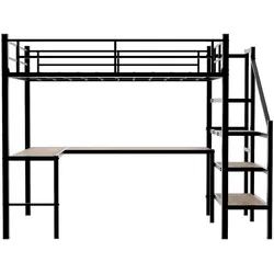 OKWISH Hochbett aus Eisen, Schwarz, 197x98x175,5 cm, gewerblich geeignet, mit L-förmigem Schreibtisch, Leiter, Regal und Sicherheitsgeländer