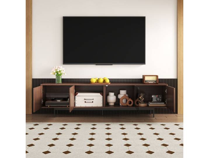 Meuble TV contemporain AESVAR 200 cm LED porte en verre trempé marron noyer et noir