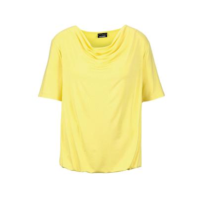 Kurzarmshirt GOLDNER "Blusenshirt mit Wasserfallausschnitt", Damen, Gr. 52, gelb, Obermaterial: 95% Viskose CV. 5% Elasthan EL., Basic, figurumspielend, Gerade, Shirts, Wasserfallausschnitt