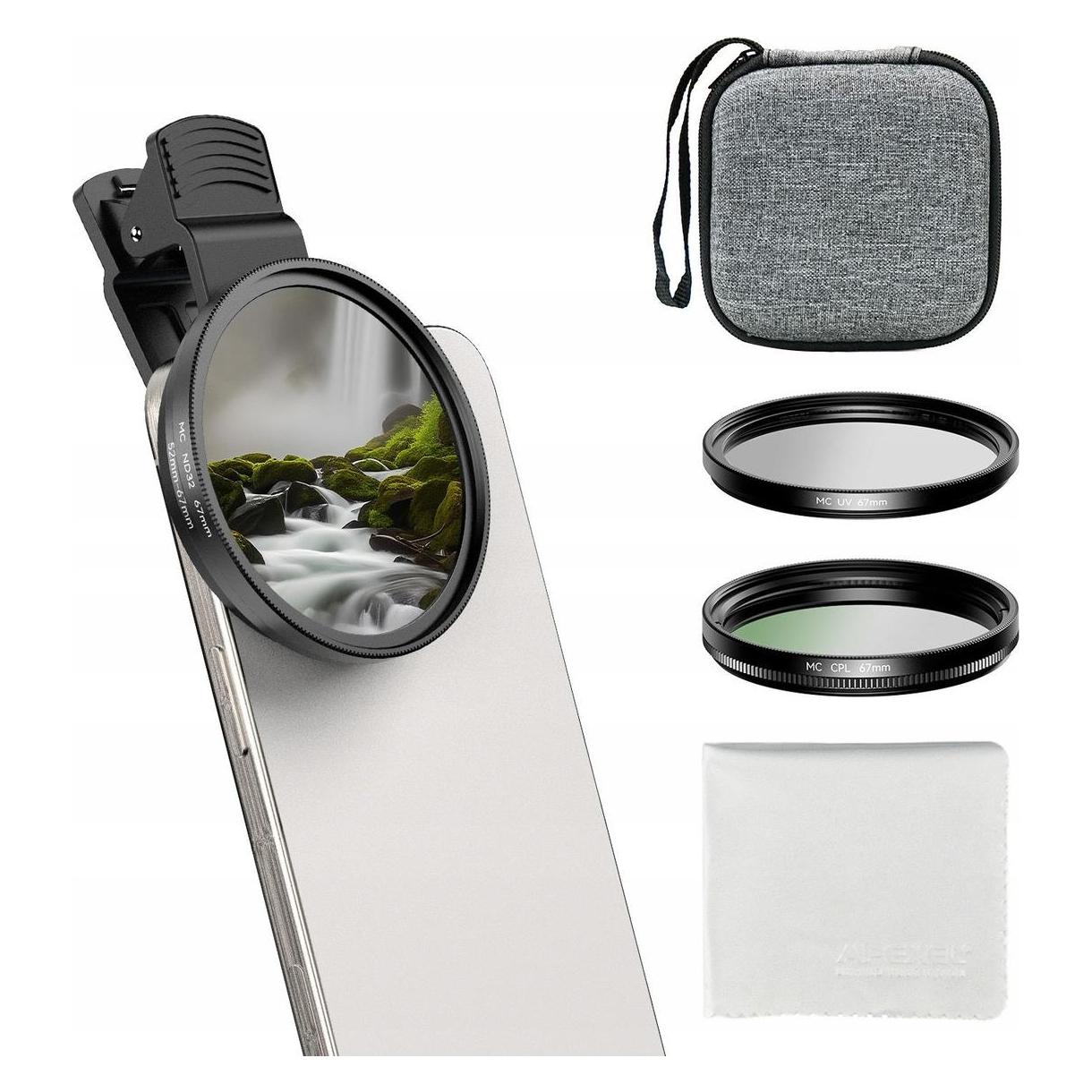 Apexel 3-in-1-Filterset - CPL, UV, ND32 - 67-mm-Clip + 52-mm-Adapter - APL-67FL3N (67 mm, ND- / Graufilter, Polarisationsfilter, UV-Filter) (APEXEL)