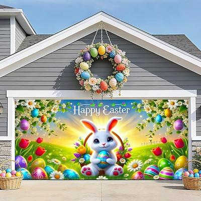 Fröhliche Ostern! Garagentorbanner mit Hase und bunten Eiern – religiöse Osterdekoration für den Außenbereich zur Osterfeier mit der Familie.