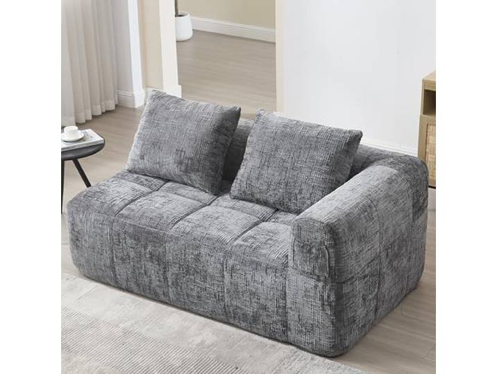 Ball & Cast Boneless Couch, L Couch mit Schlaffunktion, Chenille Modulares Sofa mit Seitentaschen, Montagefrei, Grau, 2 Sitze