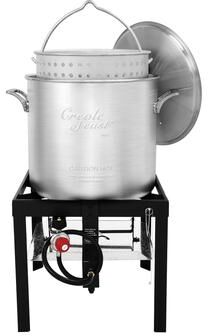 Creole Feast 80 QT Seafood Boiling Kit with Strainer, Outdoor Aluminum Propane Gas Boiler with 10 PSI Regulator, 100,000 BTU