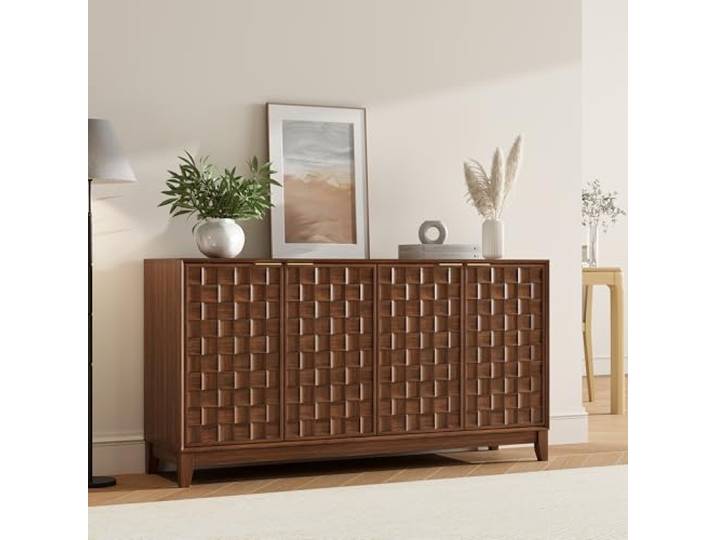 COLAMY Sideboard 150 cm Holz mit Stauraum – Modernes Sideboard für Wohnzimmer, Küchenschrank mit verstellbaren Einlegeböden, Buffet Schrank mit 3D Holzfront, Walnut
