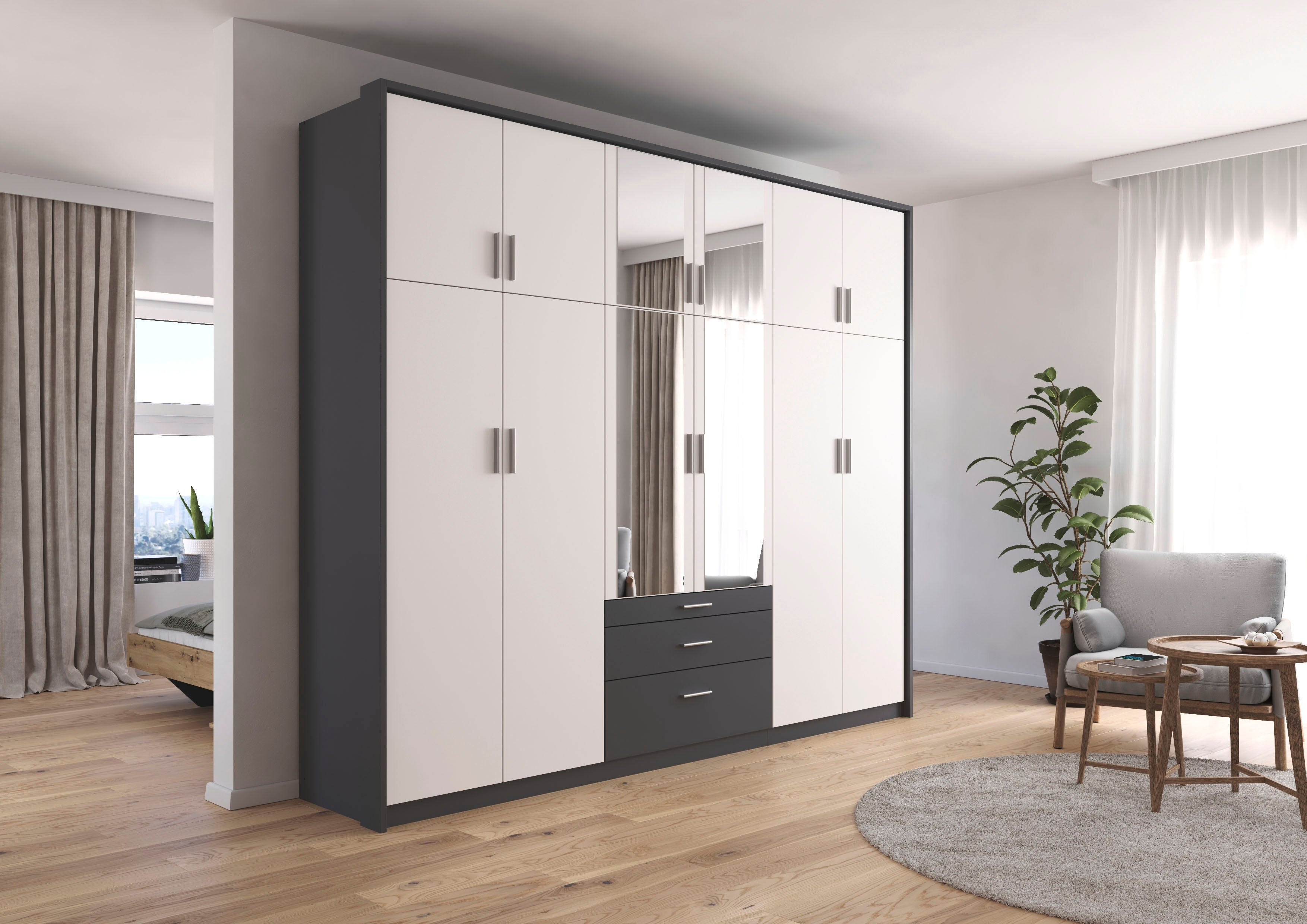 Kleiderschrank RAUCH "Schrank Drehtürenschrank Garderobe Ankleide Schlafzimmer HILDESHEIM", weiss (graumetallic, alpinweiß), B:275cm H:231cm T:58cm, Holzwerkstoff, Schränke, Kleiderschrank, oberste Schublade mit praktischer Facheinteilung MADE IN GERMANY 