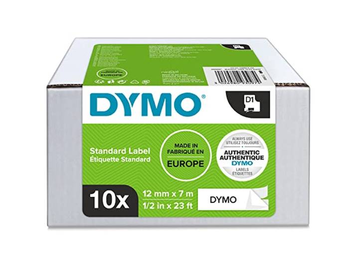 DYMO D1 Étiquette Standard\, 10 Rubans\, Noir sur Fond Blanc\, 12 mm x 7 m Recharge d'Étiquetage\, Rouleaux Autocollants\, Impression par Transfert Thermique\, Marquage au Bureau ou à la Maison